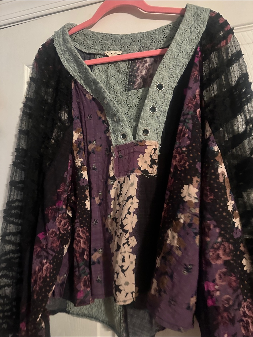 POL Floral Patchwork Boho Top in Black, Purple, Green - Picture 6 of 9
